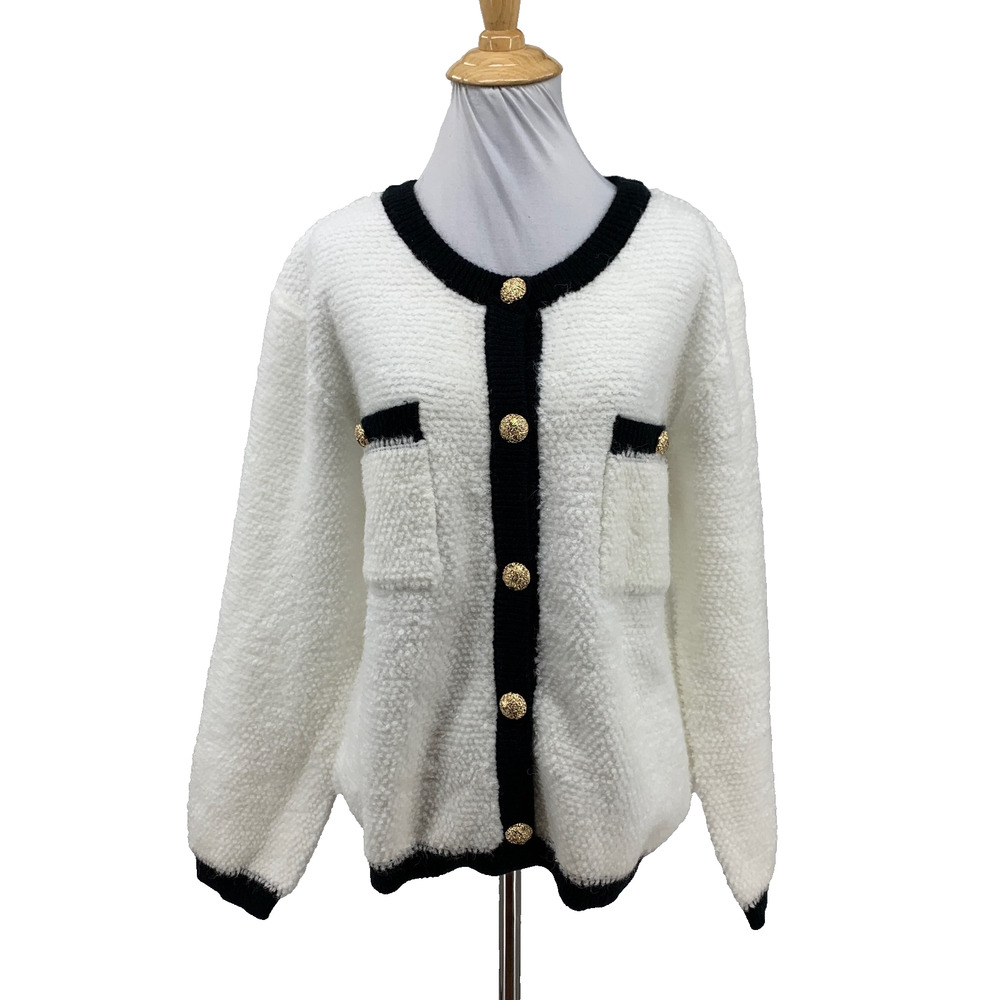 Line & Dot Sweater Women L Large White Black Bon Button Boucle Pockets Cardigan